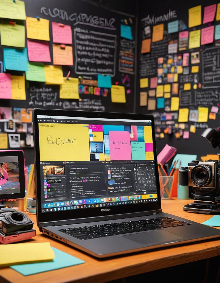 A dynamic workspace featuring a laptop with a captivating video playing on the screen, surrounded by a colorful array of video equipment, like cameras and microphones. In the background, a chalkboard filled with creative blogging tips and vibrant post-it notes. The atmosphere is lively and inspiring, inviting creativity and passion for video and entertainment. super-realistic. vibrant colors. 3D.