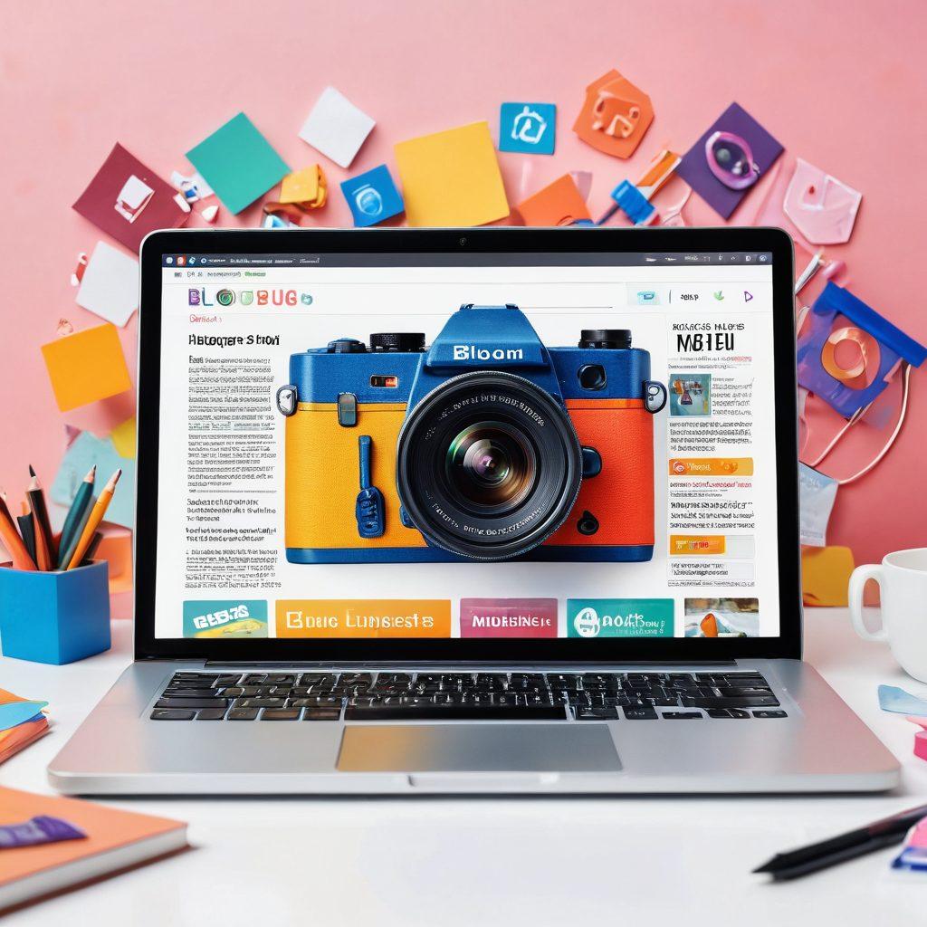 An open laptop displaying a bright and colorful blog interface showcasing multimedia elements like videos, images, and articles. Surround the laptop with engaging symbols of creativity such as a camera, microphone, and art supplies, all emanating light and inspiration. The background should feature soft, inviting colors, symbolizing the endless possibilities of online blogging. super-realistic. vibrant colors. white background.