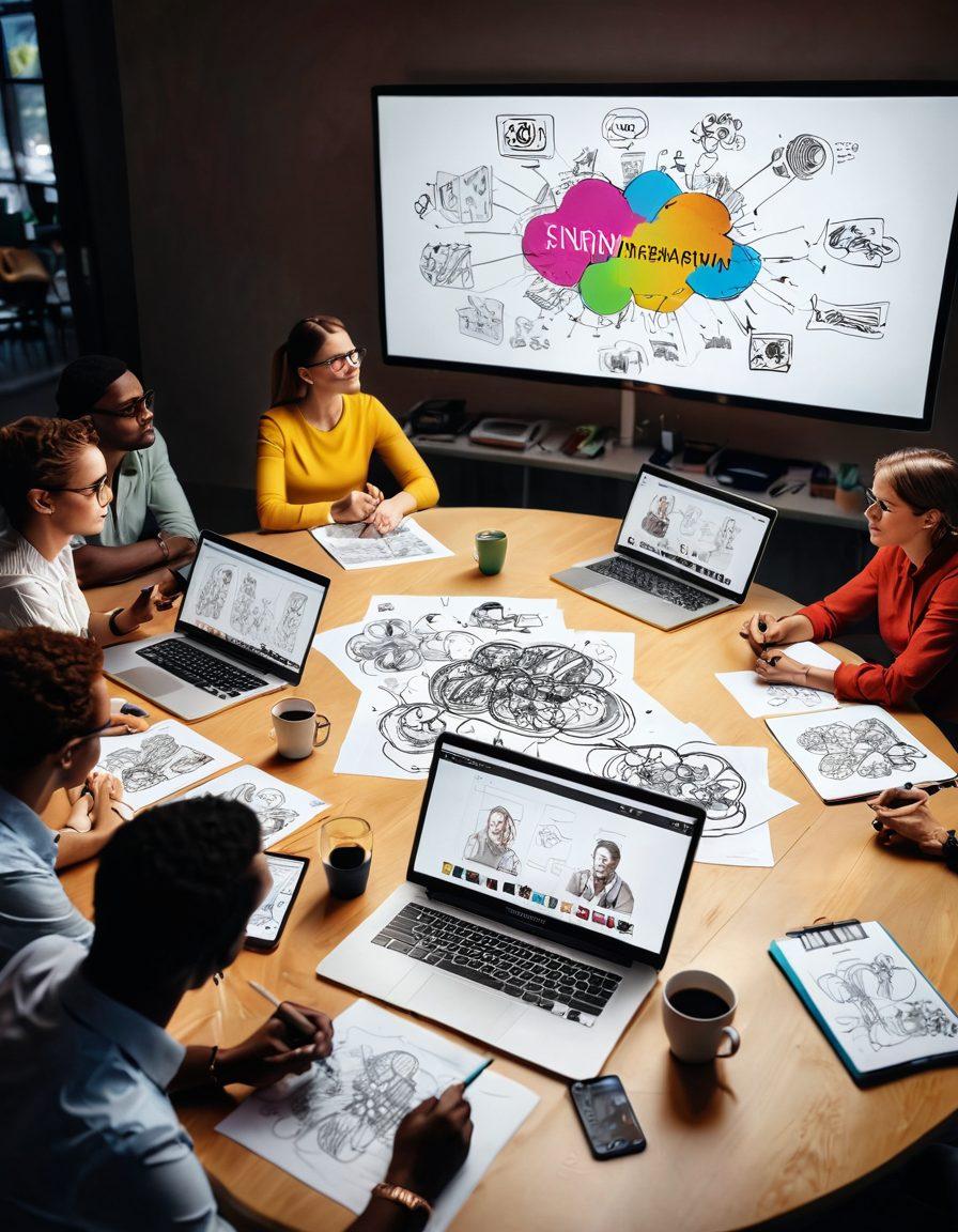 A dynamic scene of a brainstorming session with diverse people around a table, sketches and digital devices showcasing interactive content ideas. In the background, a large screen displays vibrant visuals of streaming content, emphasizing creativity and collaboration. Warm lighting casts an inviting atmosphere, suggesting innovation. super-realistic. vibrant colors. 3D.